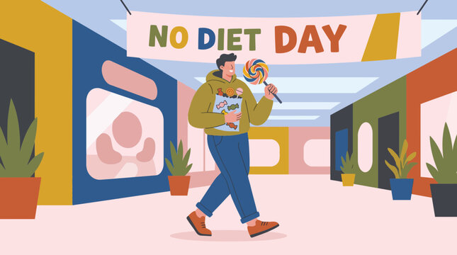 Man celebrating International No Diet Day with candy illustration