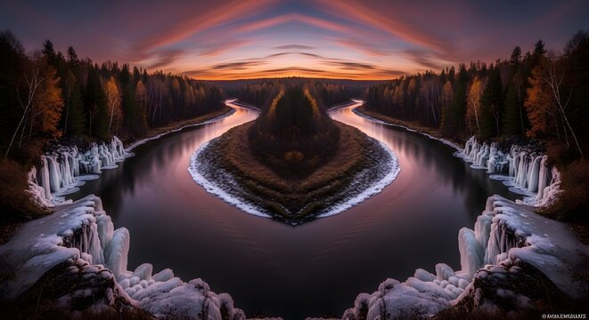 Serene river bend framed by waterfalls at sunset