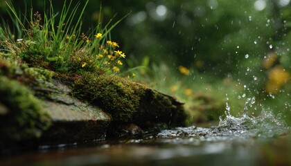 Fototapeta premium Mossy rocks, green grass, yellow wildflowers, and water splashes
