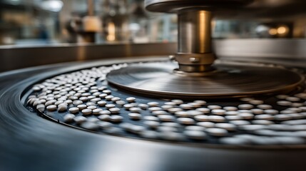 Obraz premium Tablet coating process in pharmaceutical manufacturing, rotating drum machinery, smooth pill surface finishing