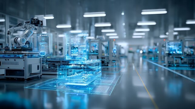 Smart pharmaceutical factory with AI monitoring system, robotic arms managing production line,