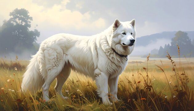 A majestic white canine stands proudly in a field of tall grass, with rolling hills and a cloudy sky in the background