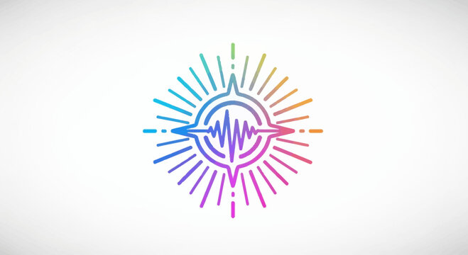 Vibrant Sound Wave Compass Logo with Rainbow Rays on White Background