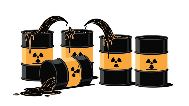 Industrial scene shows black barrels leaking toxic radioactive waste onto the ground with yellow warning signs prominently displayed.