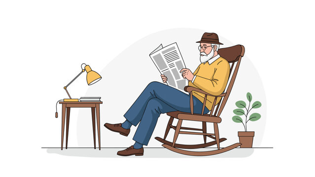 Wise elderly man with a beard sits comfortably in a wooden rocking chair while reading a newspaper next to a small side table.