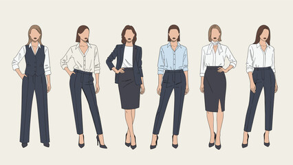 Obraz premium Collection of six women in various styles of professional business attire including suits, blouses, skirts, and smart trousers.