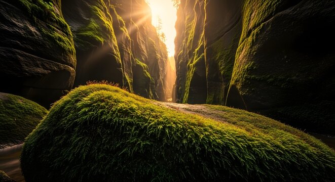 Sunlight rays illuminating deep lush green valley landscape