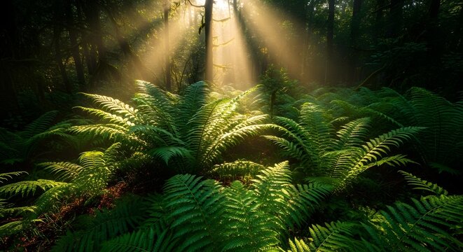 Sunlight Rays Illuminating Lush Tropical Rainforest Foliage Growth