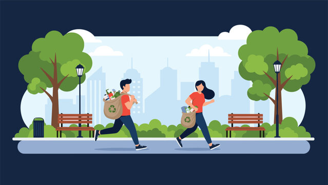 Illustration of two people running through a city park while carrying large bags of recyclable waste for a plogging activity.