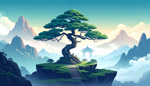 Floating stone island with pine and temple gate. Fantasy mountain plateau for oriental adventure art. Peaceful cloud sanctuary with twisted bonsai tree
