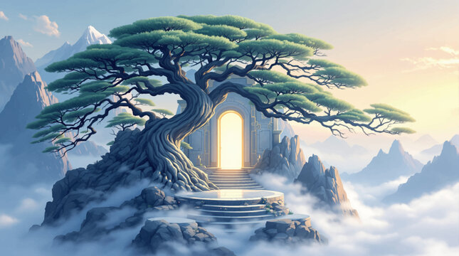 Glowing portal shrine beneath massive ancient pine. Fantasy doorway temple in clouds for game concept. Divine mountain entrance with mystical tree guardian