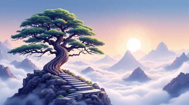 Sunrise bonsai summit above soft cloud ocean. Peaceful dawn landscape with pine and mountain sea. Warm meditation vista for inspirational wall art