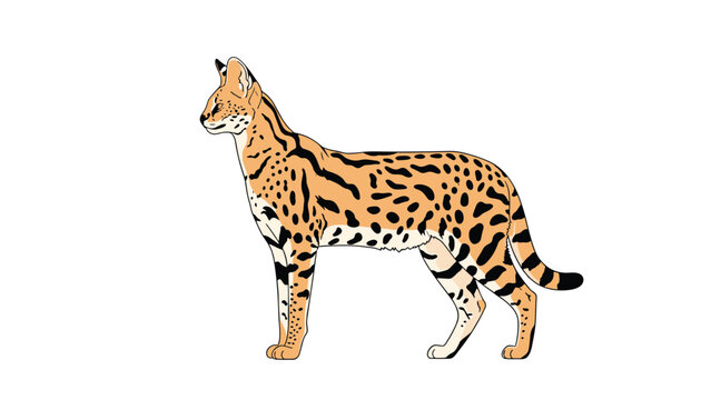 Detailed illustration of a serval wild cat standing sideways with its distinctive spotted fur and long ears.