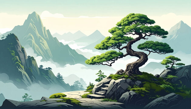 Mossy pine ledge overlooking fog filled mountain valley. Curved bonsai stairway amid ancient rocks and cliffs. Peaceful alpine vista for wellness poster design