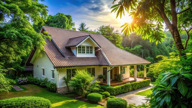 A photo of a cozy house with a pristine white roof standing peacefully in the foreground, surrounded by lush greenery and a vibrant green tree gracefu