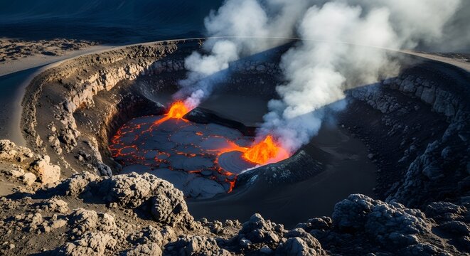 Volcanic Caldera Eruption Smoke Hot Lava Flow Landscape