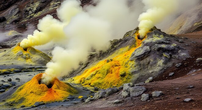 Volcanic eruption plume smoke over sulfur yellow landscape