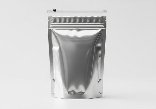 Empty silver pouch with zipper closure on neutral background