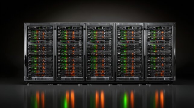 Modern server rack with illuminated units on reflective surface