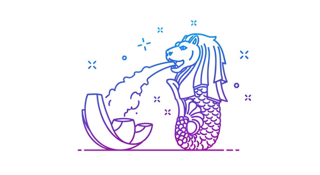 Singapore Merlion Fountain Icon, Iconic Landmark, City Symbol, Travel Emblem, Minimalist Design