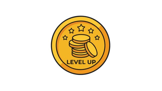 Gold coin token featuring star icons and level up text spins continuously in a smooth digital animation loop perfect for representing gaming achievement or financial success 