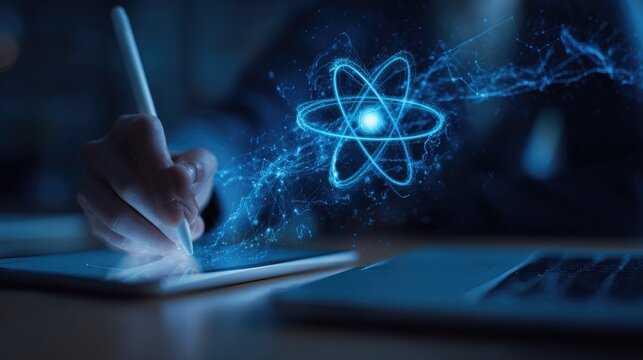 Digitally drawing atom with stylus on tablet, futuristic blue glow