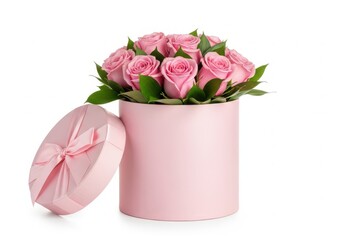 Obraz premium Pink roses bouquet in a pastel pink cylinder vase with ribbon