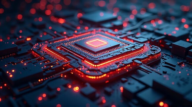 Glowing Microprocessor Chip Centered On Circuit Board