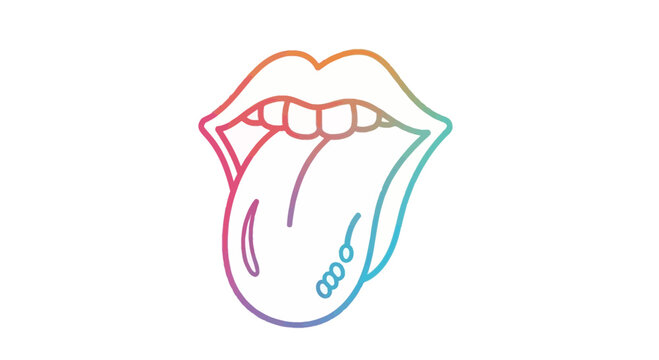 Rainbow gradient lips with tongue piercing and extended tongue, isolated on white background