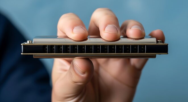 Close-up of a Musician Hand Holding a Professional Harmonica
