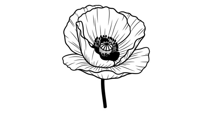 Hand drawn line art illustration of a single poppy flower.
