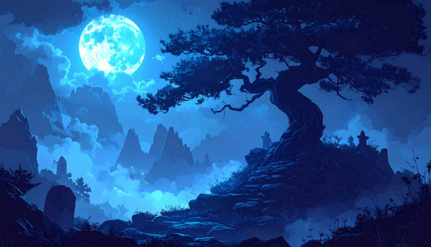 Ancient tree with moon in misty grave scene. Dark fantasy cemetery under blue lunar light. Haunted mountain valley for gothic illustration