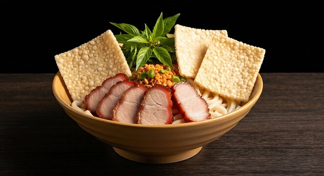 A rustic bowl of Cao Lau noodles from Hoi An, featuring thick chewy noodles, slices of barbecue pork (X&aacute; X&iacute;u), and square crispy rice crackers. Topped with local greens. The bowl sits on a dark wooden