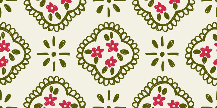 Festive Christmas Floral Seamless Pattern with Red Flowers and Green Leaves in Scandinavian Folk Art Style for Holiday Decor