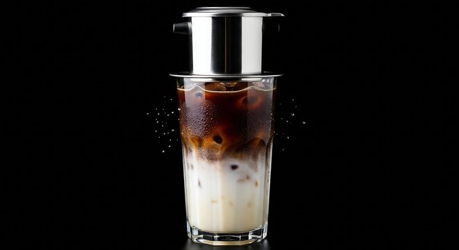 A tall glass of layered Vietnamese Iced Milk Coffee (C&agrave; Ph&ecirc; Sữa Đ&aacute;) showing dark coffee on top and thick white condensed milk at the bottom. Ice cubes and a stainless steel drip filter (Phin) resting 