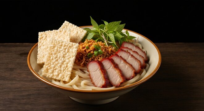 A rustic bowl of Cao Lau noodles from Hoi An, featuring thick chewy noodles, slices of barbecue pork (X&aacute; X&iacute;u), and square crispy rice crackers. Topped with local greens. The bowl sits on a dark wooden