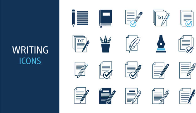Writing and document icon set in flat style with pencil pen file editing and text content creation elements