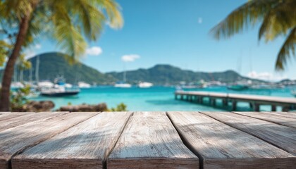 Fototapeta premium Tropical waterfront with wooden planks and clear blue sea