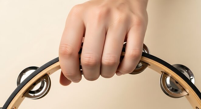 Close-up of a Hand Holding a Musical Tambourine Percussion Instrument