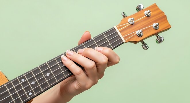 Close-up of a hand playing chords on a ukulele against a green background