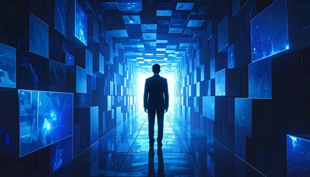 A person in silhouette stands at the end of a long tunnel of blue screens, suggesting a journey through digital space