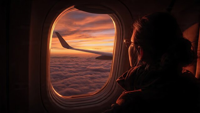 A passenger gazes in wonder at the vibrant sunset sky from an airplane window, capturing the awe of flight and the beauty of the high altitude view. 