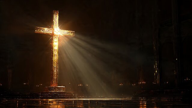 A radiant cross illuminates a darkened sanctuary, creating an evocative atmosphere of spirituality. 
