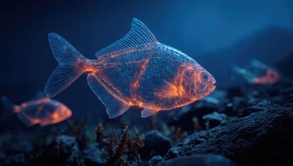 Fototapeta premium Bioluminescent fish swim in a dark, aquatic environment