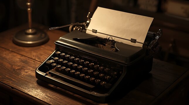 Vintage Typewriter with Blank Paper on Wooden Desk in Cinematic Moody Lighting
