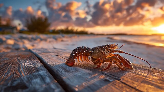 A vibrant and appetizing lobster basks in the warm glow of a tropical sunset. The creature is beautifully captured on weathered wooden planks. 