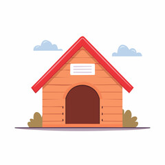 Fototapeta premium Cartoon Dog House with Red Roof and Clouds