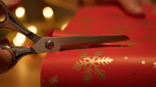 Cutting Festive Red Christmas Wrapping Paper with Scissors