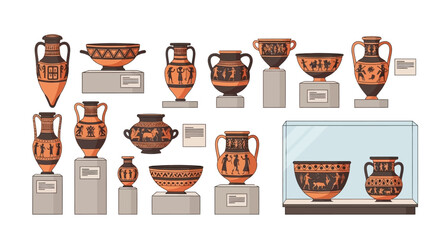 Ancient Greek Pottery Collection: Amphorae, Krater, Kylix, Vases on Pedestals and in Display Case © Pemancing