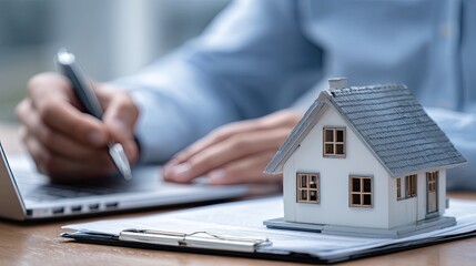 Fototapeta premium Person signing document near miniature house and laptop